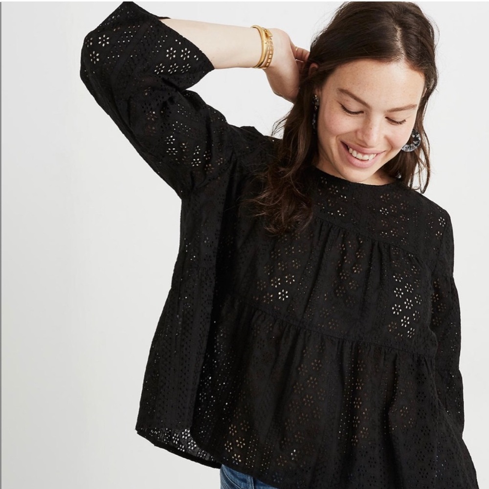 Madewell Black Eyelet Tiered Swing Blouse